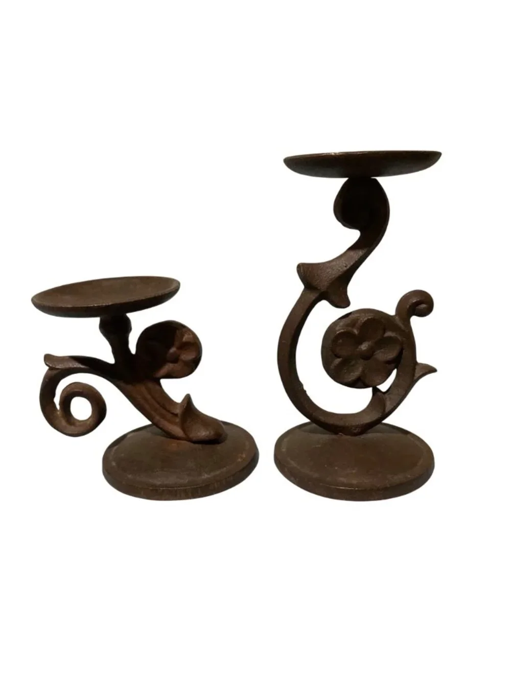 Old Rusty Cast Iron Floral Scroll Candle Holders Set Of 2